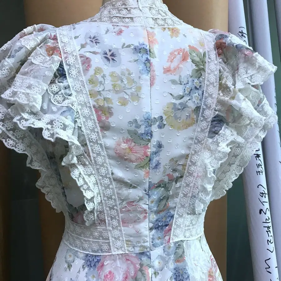New 2020 Summer Women Elegant Floral Printed Ruffles Lace Chiffon Patchwork Pleated Long Dress High Quality Runway E800 | Женская одежда
