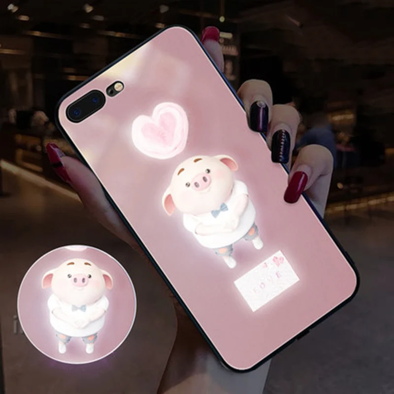 2 EKIND свинья серии закаленное стекло чехол для iPhone X XS XSMAX светодиодный логотип flash чехол для iPhone защитный чехол телефона - Цвет: 2