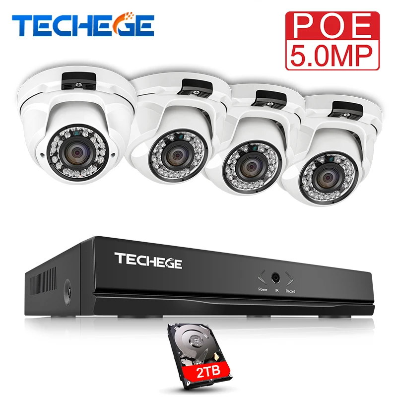 Techege H.265 4CH CCTV Системы 5MP 2592*1944 POE IP Камера Водонепроницаемый Onvif обнаружения