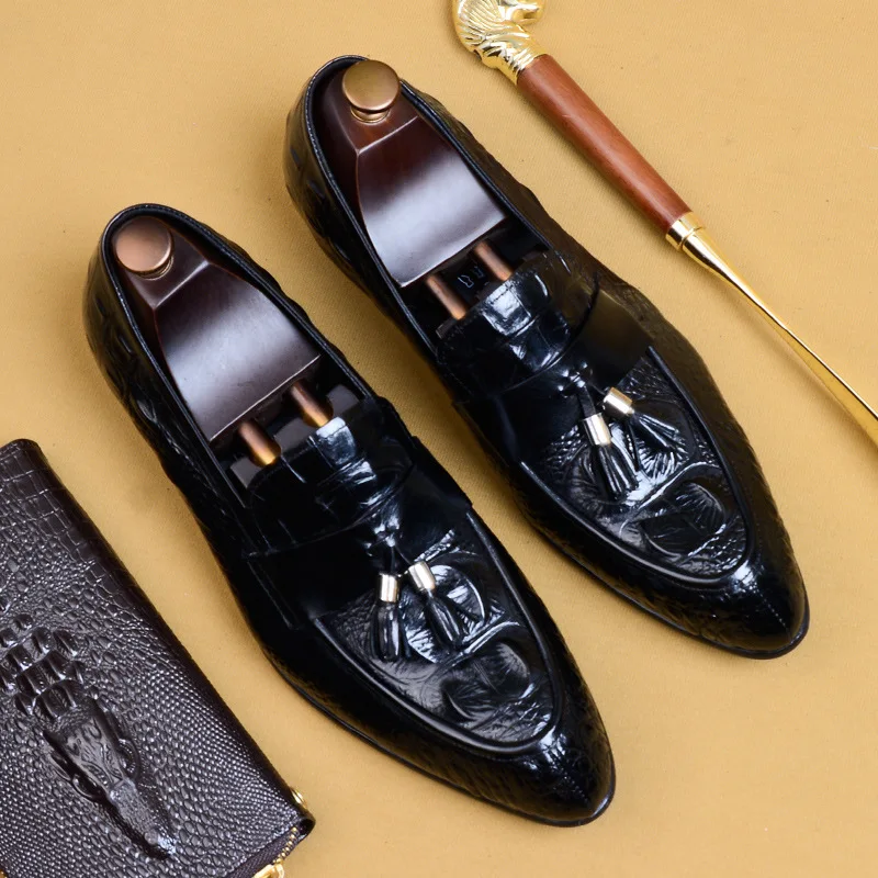 

New British Style Genuine Crocodile Pattern Leather Pointed Toe Cowhide Dress Wedding Flat Oxford Men Shoes