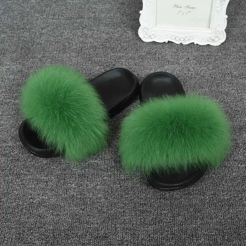 Grass Green CCFUR/Женские меховые тапочки; милые женские пушистые шлепанцы с натуральным лисьим мехом; женские меховые шлепанцы для дома; S6043B - Цвет: Grass Green