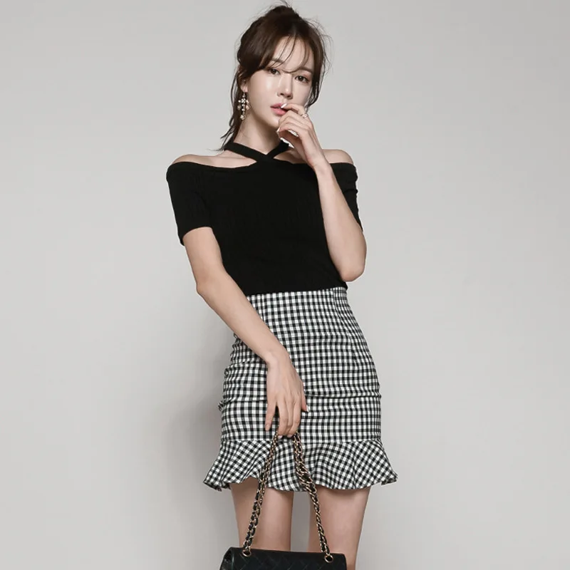 2018 Женский комплект 2 шт. летний черный короткий рукав с вырезом лодочкой