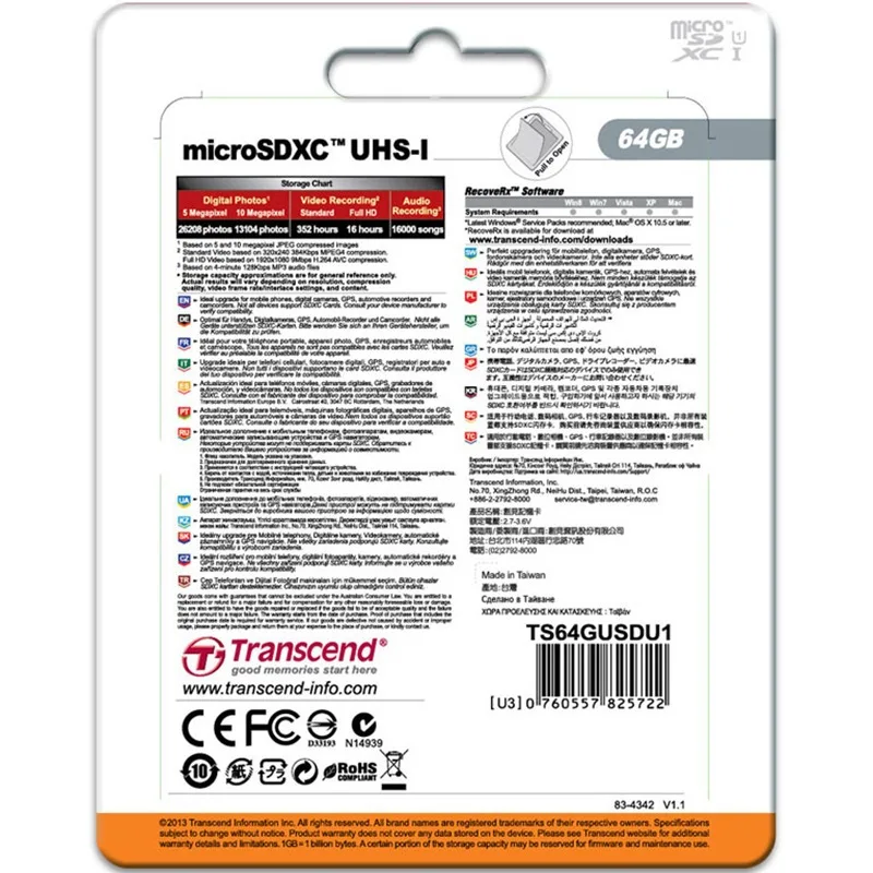 Оригинал Transcend 16 ГБ 32 64 Гб MicroSD MicroSDHC MicroSDXC Micro SD карта SDHC SDXC чтение 90 МБ/с./с класс 10