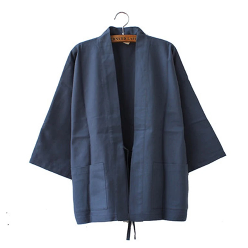 Женское кимоно в японском стиле пальто из хлопка и льна с карманами рукавом 3/4