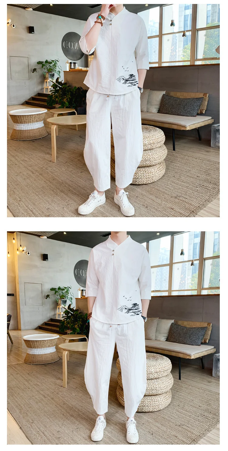 Sinicism Store Harajuku, мужской спортивный костюм с вышивкой,, мужские летние льняные комплекты для бега, Мужская Уличная одежда, китайские комплекты из 2 предметов