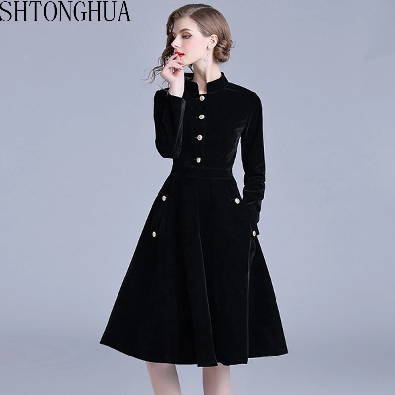 SHTONGHUA размера плюс 3XL Женское зимнее бархатное платье однобортное 2019 дамское