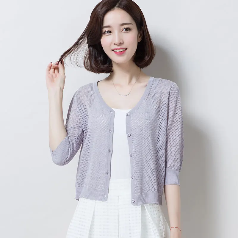 Женский льняной кардиган элегантный ажурный тонкий вязаный с v образным вырезом