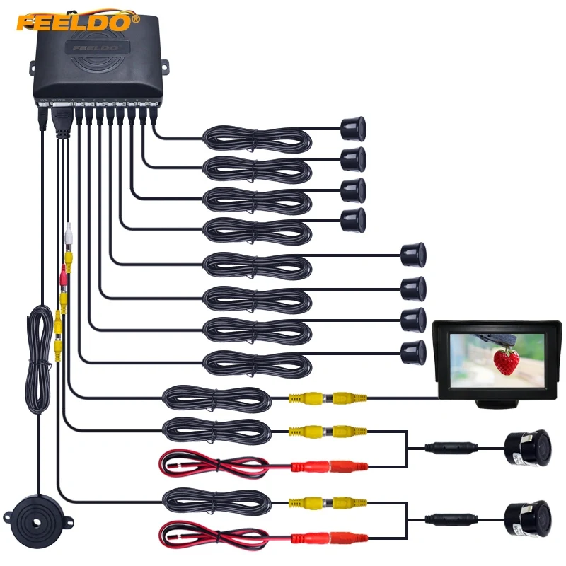

FEELDO Car 4.3" LCD Monitor 8-Sensor Radar 2pcs 18.5mm CCD Camera Dual Visual Rearview Video Parking Sensor System #HQ1052