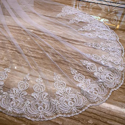 Романтический 5М Свадебная Фата Собор Два Слоя Кружева Аппликация Длинные Фаты С