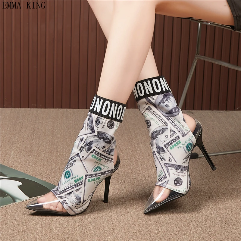 

2020 Dollar Print Women Short Sock Boots Fashion PVC Pointed Toe Ankle Booties Fashion Stilettos High Heels Woman Winter Shoes