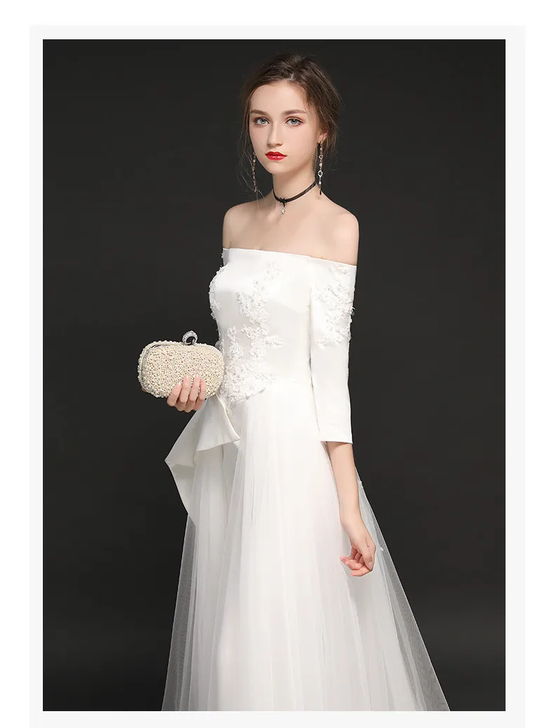 White Wedding Jumpsuits Three Quarter Sleeves New Charming Tulle Satin Wedding Dresses Off the Shoulder Vestidos de Novia