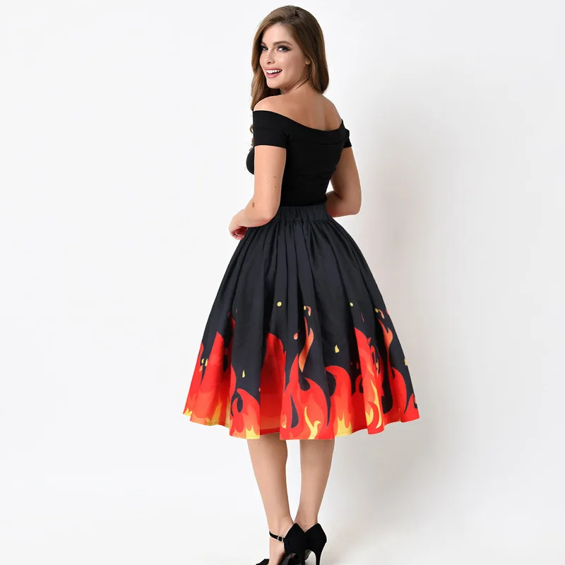 Plus Size Women Clothes High Quality 3D Printed Flame Pleated Skirts Summer New Waist Black Tutu Zipper Midi Skirt | Женская одежда