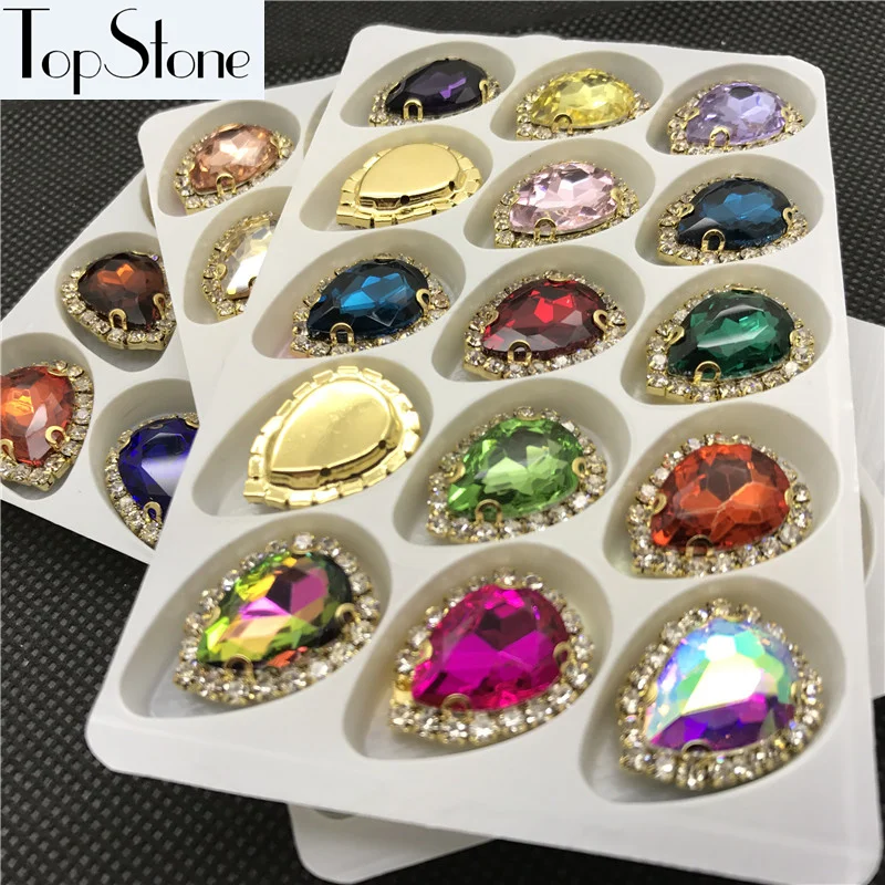 Sew On Teardrop glass crystal fancy stone 13X18mm In Golden handmade claw 18x24mm for Jewelry Making | Дом и сад