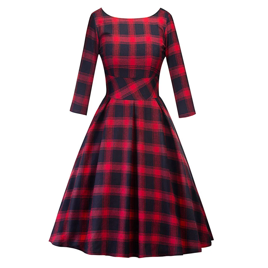 

Женское винтажное платье ретро в клетку, красное платье в стиле 50-60-х годов, с круглым вырезом, туника в стиле рокабилли, Элегантная классиче...
