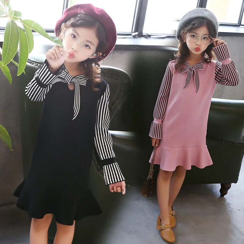 2018 New Spring Autumn Girl Sweater Dress Long Sleeve Knitted Kids Dresses For Girls Striped Casual 6 8 10 12 13 | Детская одежда и
