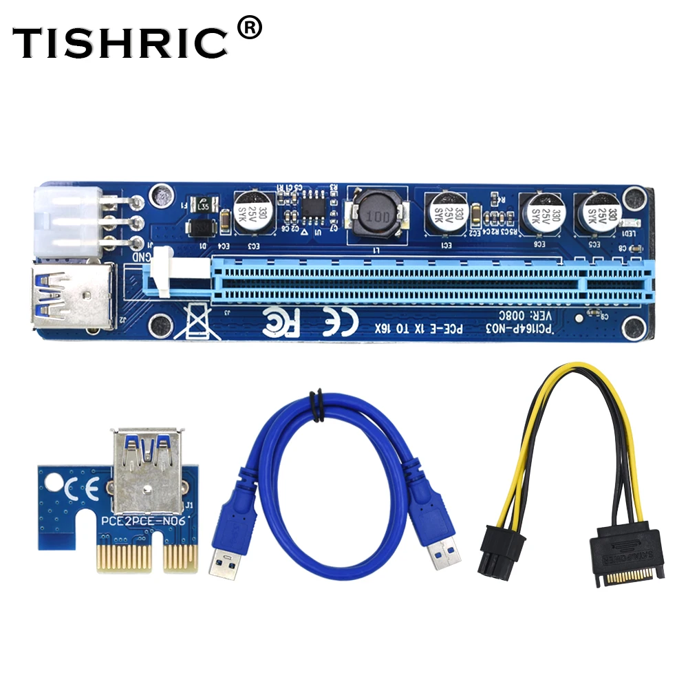 TISHRIC VER 008C Molex 6 Pin PCIE PCI E Express Riser Card 1X до 16X удлинитель 60 см USB 3 0 кабель для майнинга