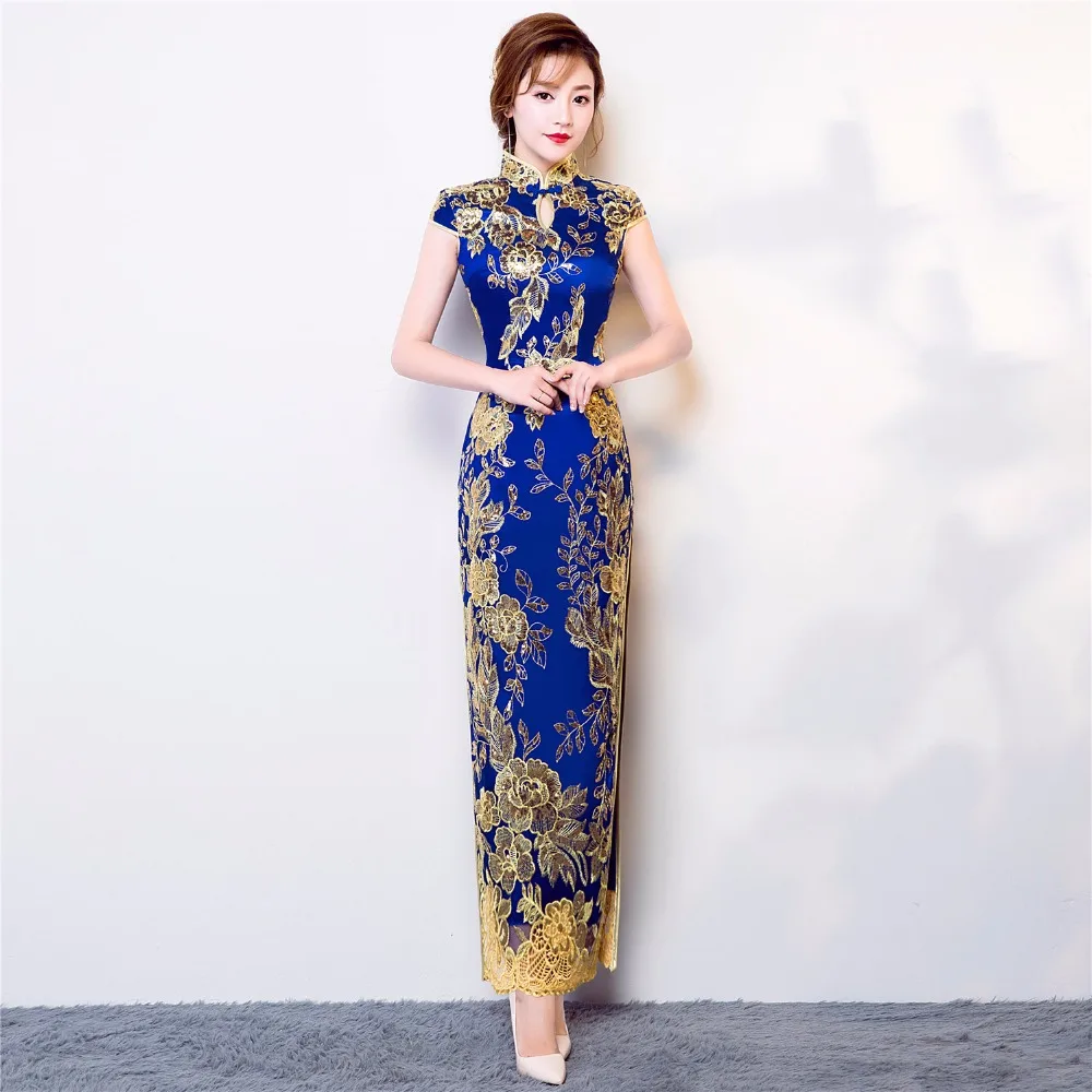 

Shanghai Story chinese traditional dress Floral Sequins Long Qipao Short Sleeve Lace cheongsam dress Oriental Style Dress