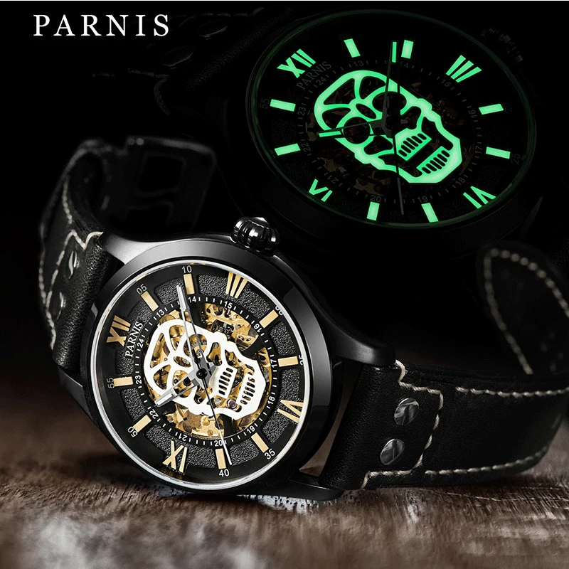 

Parnis 42mm Black PVD Case Mechanical Automatic Men's Watches Skull Dial Sapphire Crystal Luminous Men Watch Leather Strap 2022