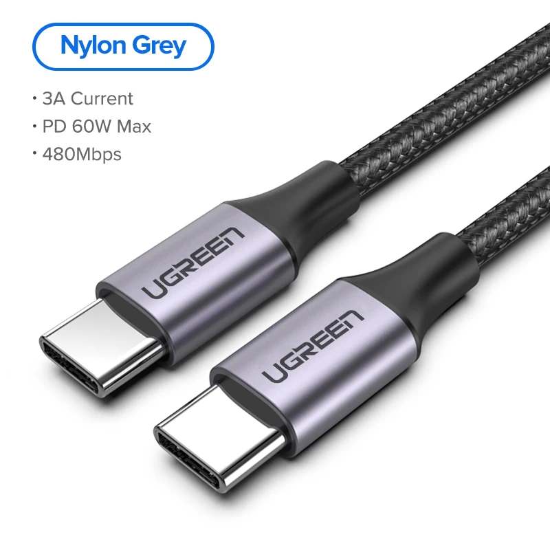 Ugreen 60 Вт USB C к usb type-C кабель для huawei mate 20 PD QC 4,0 Быстрая зарядка кабель для передачи данных для Macbook samsung S9 Plus USB C кабель - Цвет: Grey Nylon