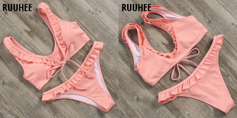Бикини ruuhee набор купальники женский купальник с рюшами бикини купальный костюм с пуш-ап летняя пляжная одежда передний галстук купальный костюм