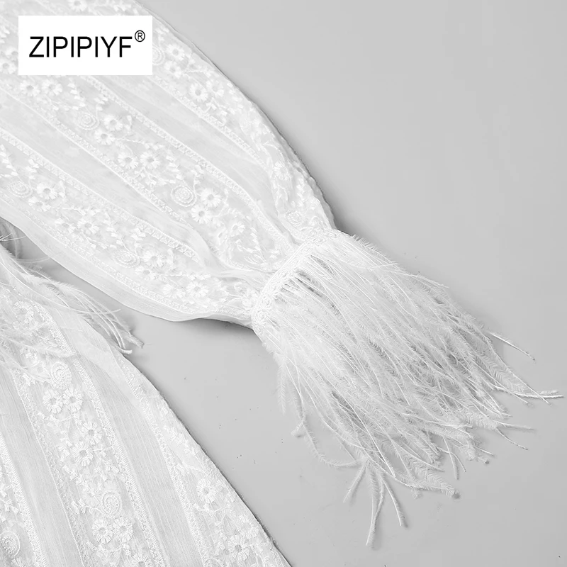 Для женщин белое свободное кружевное платье с v-образным вырезом Высокая талия