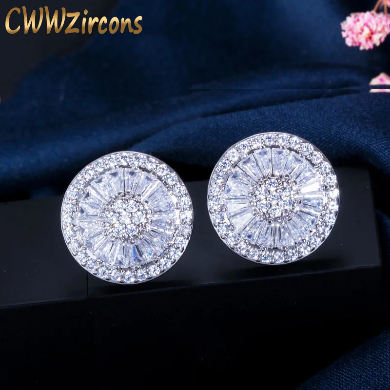 

CWWZircons New Fashion Brand Jewelry Silver Color Full Cubic Zirconia Pave Setting Round Piercing Stud Earrings for Women CZ307