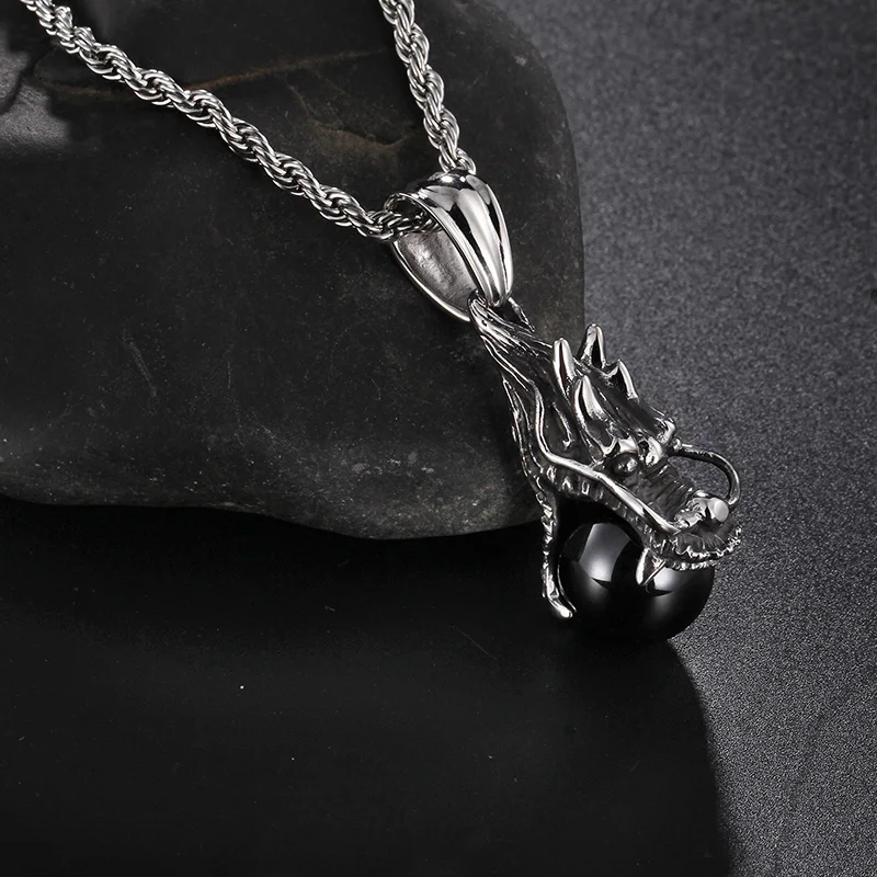 Punk Design Jewelry Gifts Large Black Stone Biker dragon Pendant Stainless Steel Men's Necklace | Украшения и аксессуары