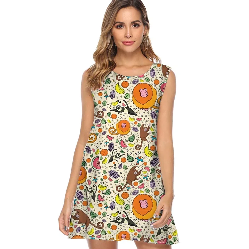 Новое модное винтажное летнее шифоновое платье 2019 женское с принтом обезьян и