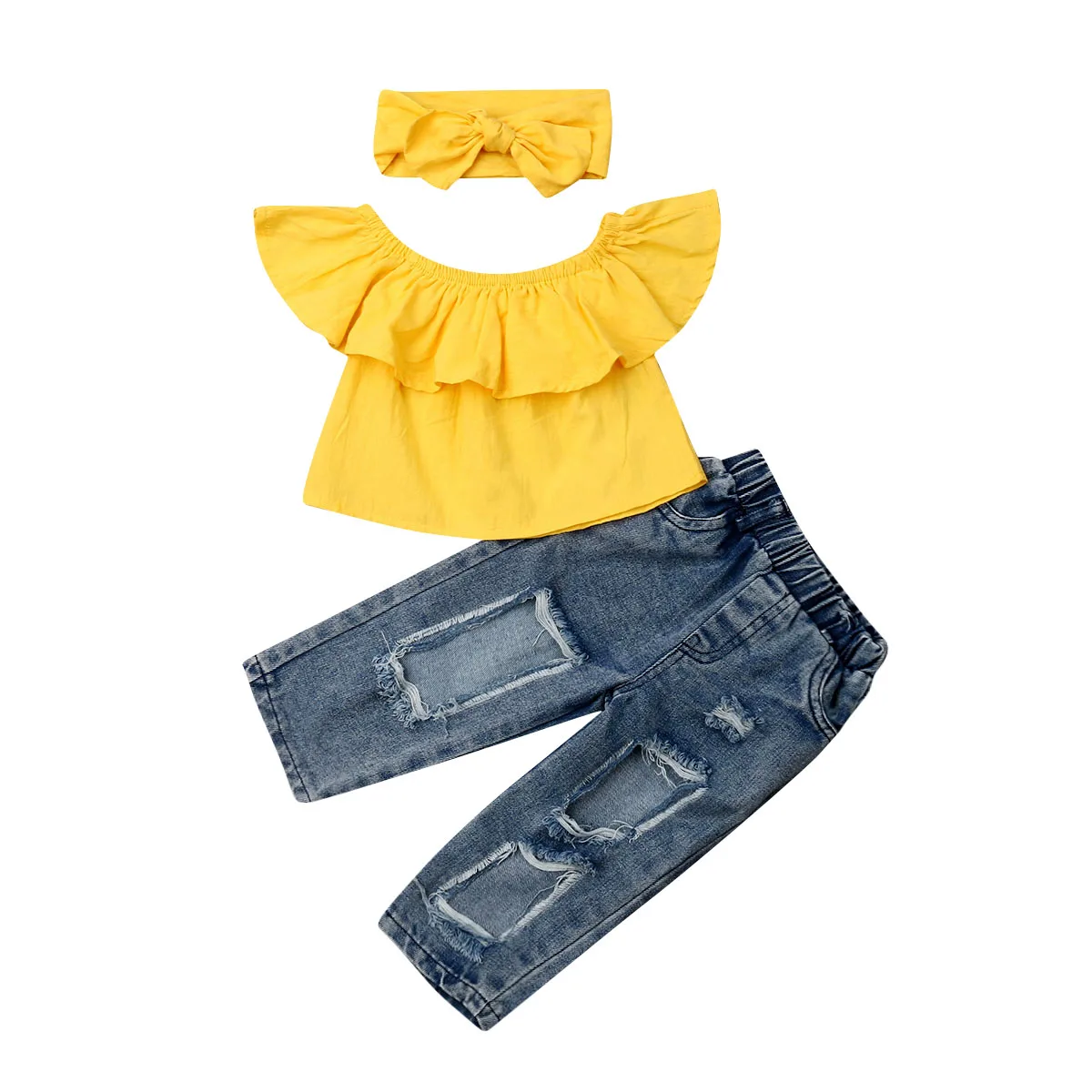 

Kids Baby Girl Summer Clothes Off Shoulder Tops Jeans Frayed Denim Pants Outfits