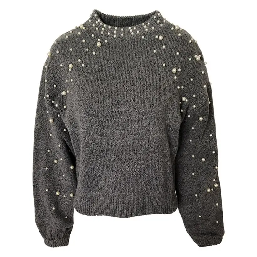 

2019 new hot sale women's spring autumn beading o-neck knitted sweaters women lantern sleeve short style casual sweater