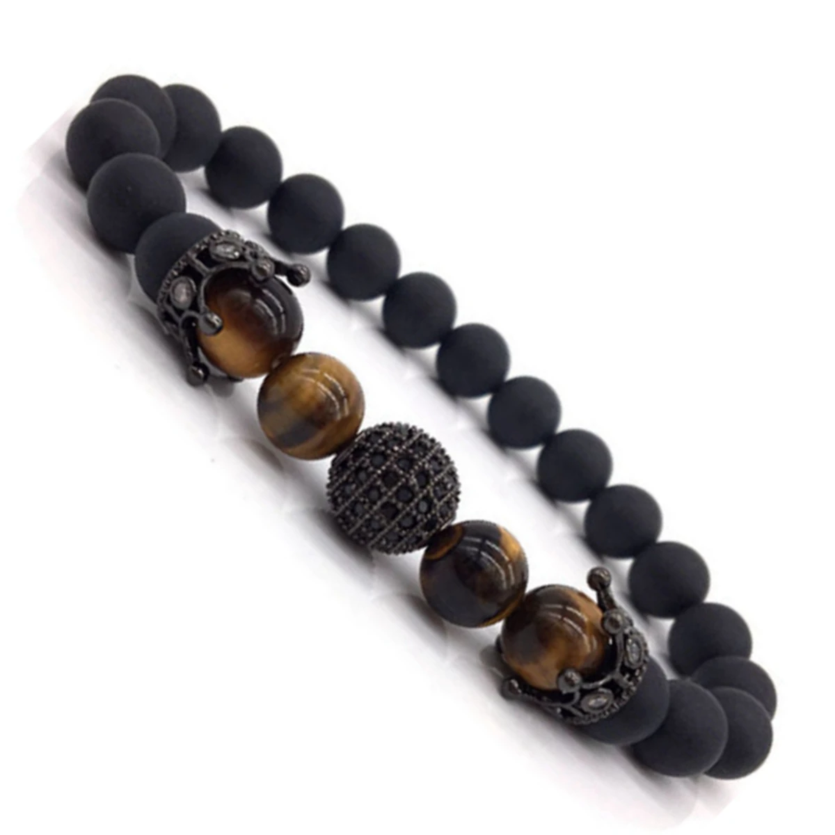 Горячая мода очаровательный мужской браслет Pave CZ King Crown & ball черный камень лавы из