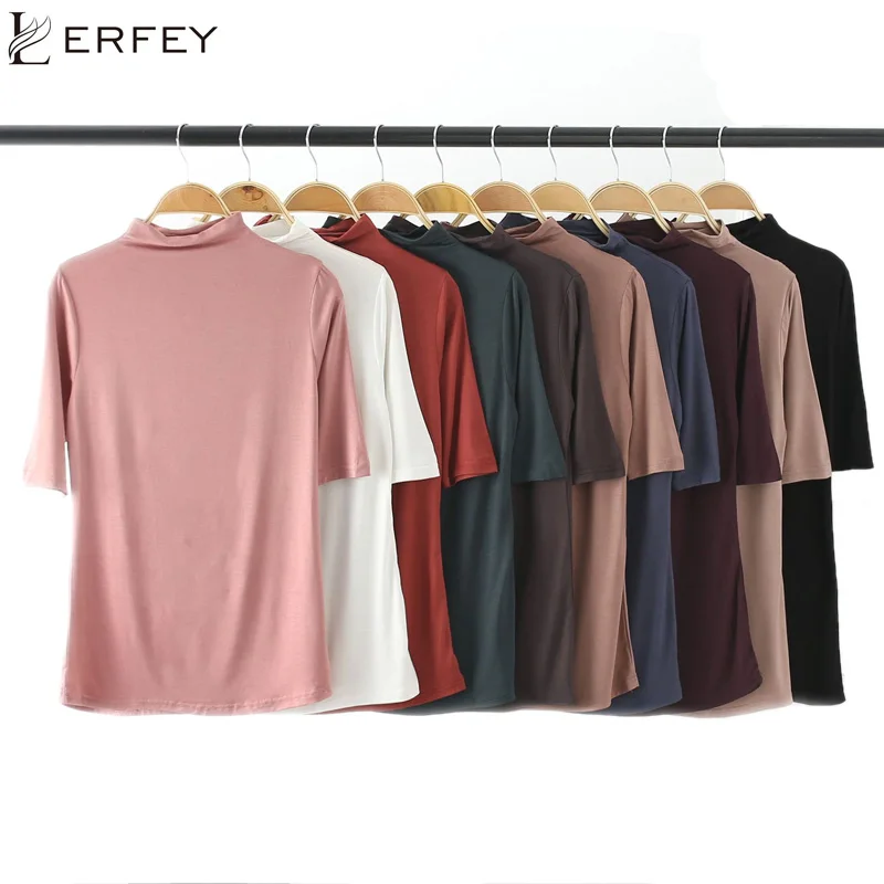 

LERFEY Turtleneck Slim Fit T Shirt Workwear Office Ladies High Neck Half Sleeve Tee Women Spring Minimalist Tees Female Tops