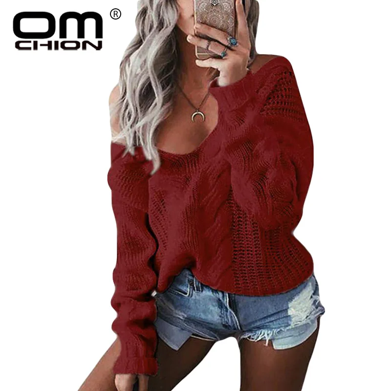 OMCHION Plus Size 5XL 2018 Autumn Winter Deep V Neck Off Shoulder Sweater Women Sexy Twist Pullover Casual Knitwear NMM62 | Женская