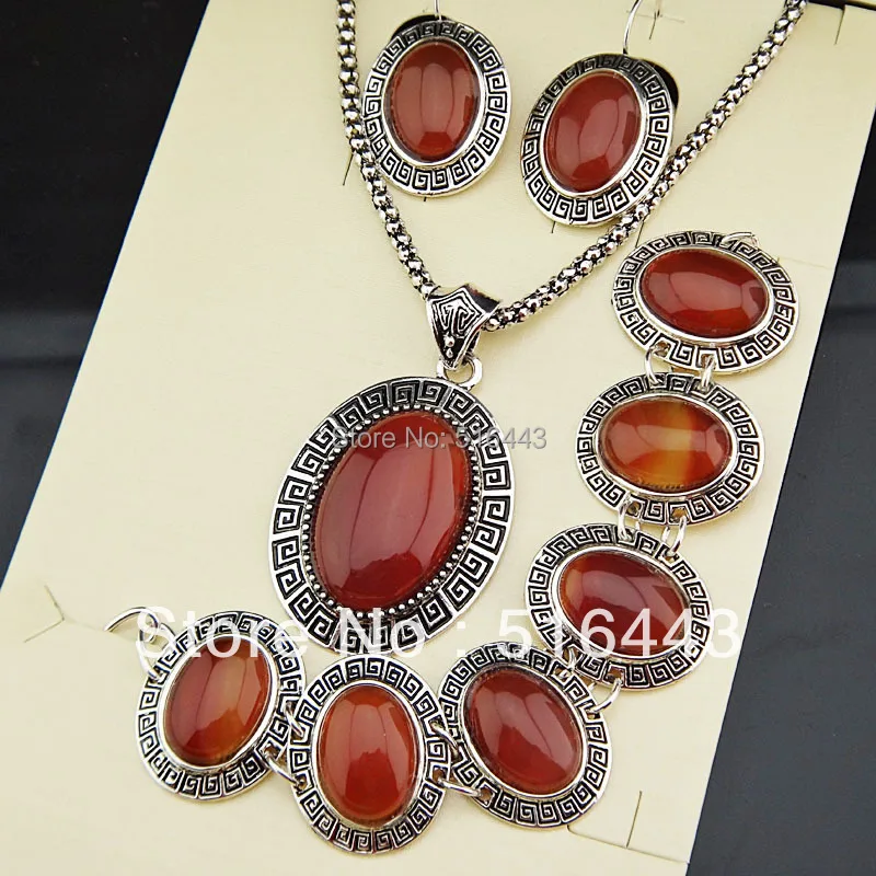 

New Arrival 3pcs Vintage Antique Tibetan Silver Natural Oval Red Stone Earrings Bracelet Necklace Women Jewelry Set A791