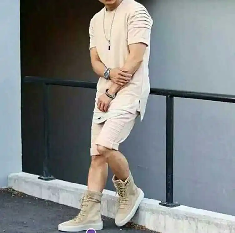 Хип-Хоп Футболка плиссированные рукава байкер футболка Tyga Kanye West короткий рукав топ, футболка, рубашка Для мужчин белый хаки черный Цвет