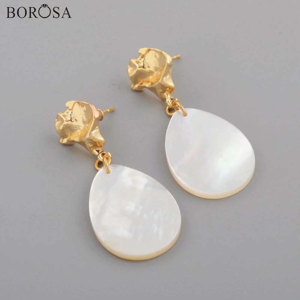 

BOROSA 5/10Pairs Gold Electroplated Teardrop White Shell Slice Drop Earrings Gold Boho Shell Earrings Jewelry for Women G1793