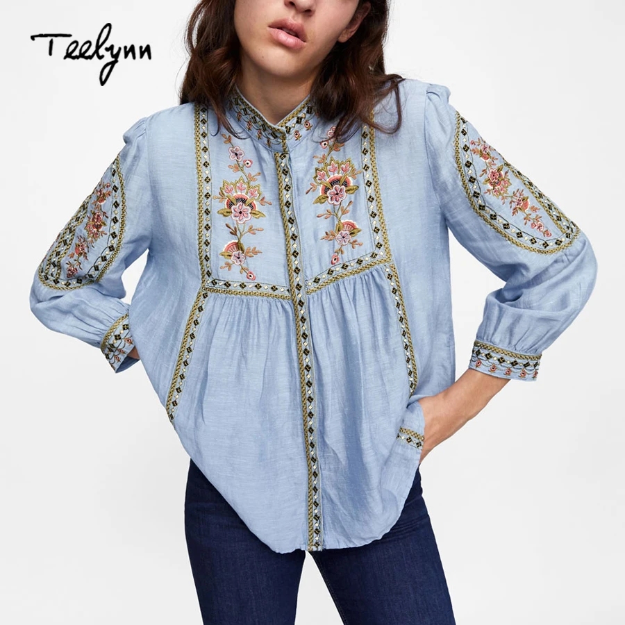 TEELYNN Bule boho блузка 2020 Осенняя Цветочная вышивка o образным вырезом с пышными
