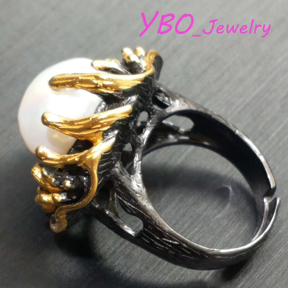 YBO, Big supper ring natural irregular pearl ring in 925 sterling silver with gold plated beautiful hand made hypebole big ring