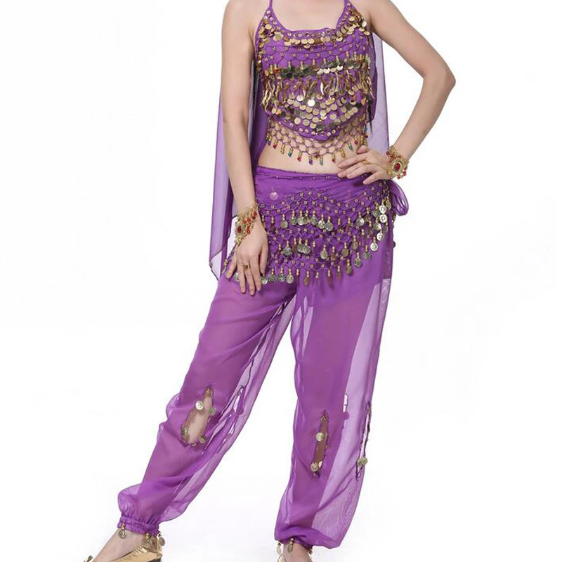 Блузка-топ с бусинами и брюки-фонарики монетами поясной ремень 128 цепочка на