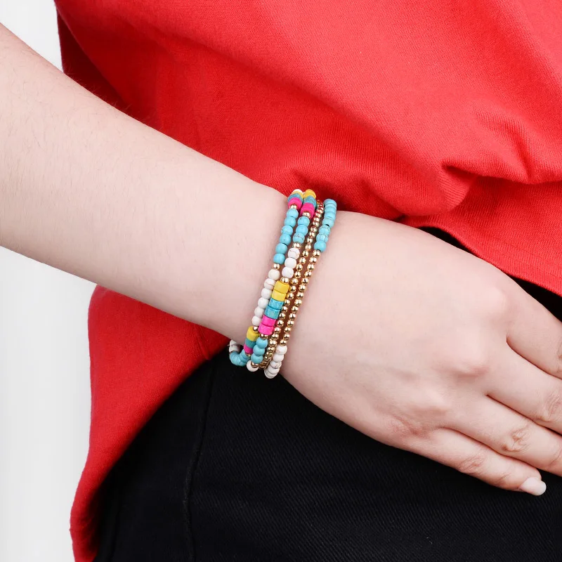 4 Pcs/Set Multilayer Elastic Casual Womens Bracelets Cute Tiny Natural Turquoises Stone Plastic Beads Femme BCSET291 | Украшения и