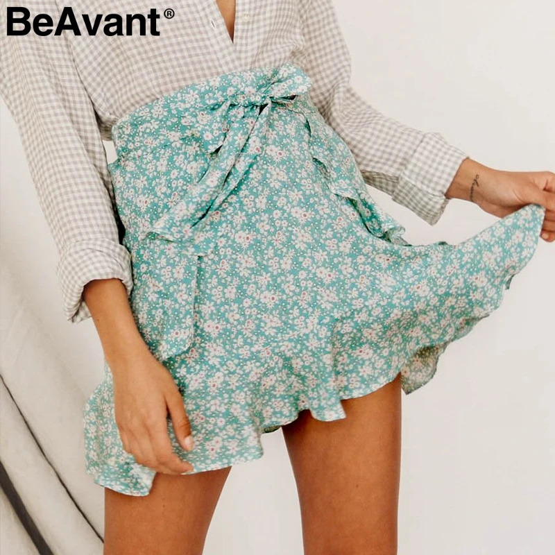 Женская короткая юбка с цветочным принтом BeAvant Vinatge Пляжная хлопковая поясом и