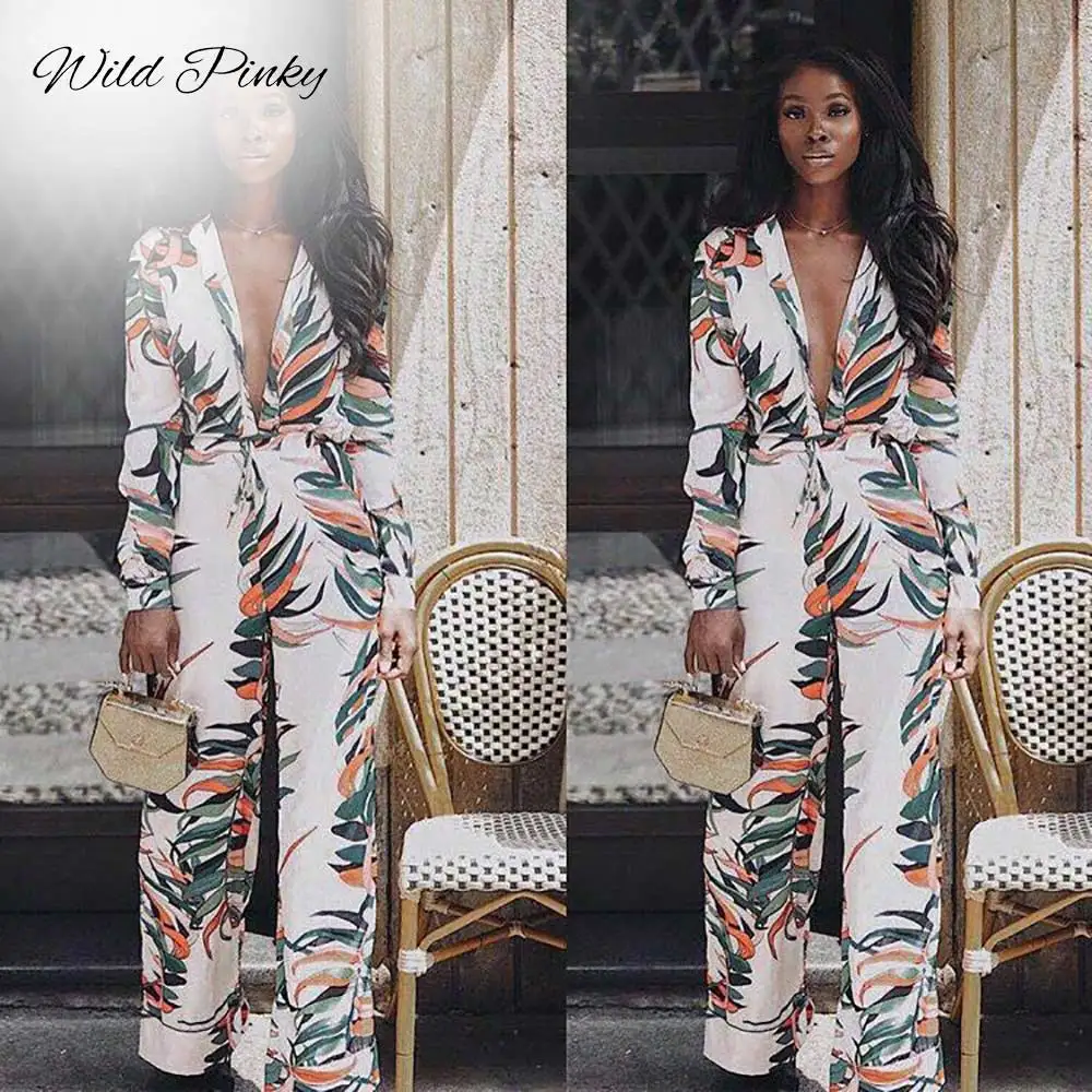 Женский комбинезон с цветочным принтом длинным рукавом и V образным