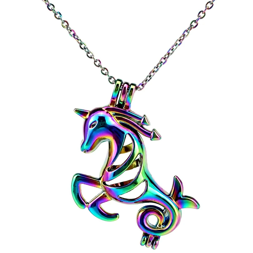 

C178 Rainbow Color Running Horse Unicorn Bead Pearl Cage Necklace Pendant Aroma Essential Oil Diffuser Locket Necklace