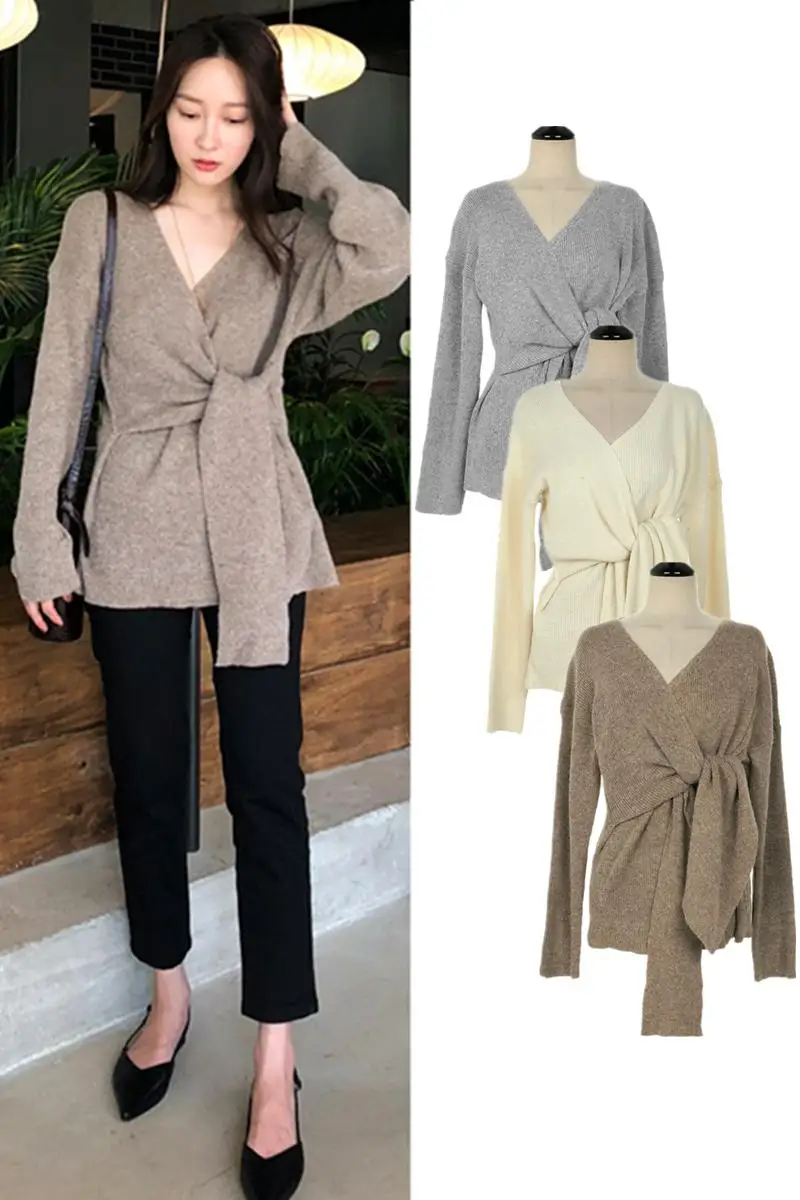 Женский свитер GETSPRING с V-образным вырезом завязками женский белый кофейный серый