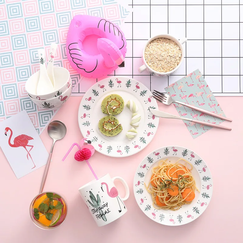 Tableware Set Dinner Plate Popular Ins Style Ceramic Bowl Hand-painted Flamingos Pattern Coffee Cup Spoon Dishes | Дом и сад