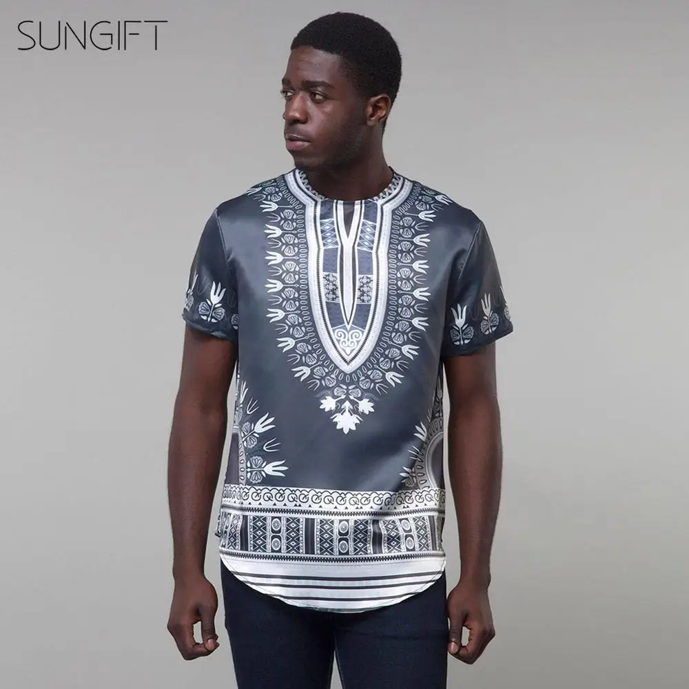 SUNGIFT Африканский Мужской Топ одежда короткий рукав Дашики принт круглый воротник Мужская футболка лето