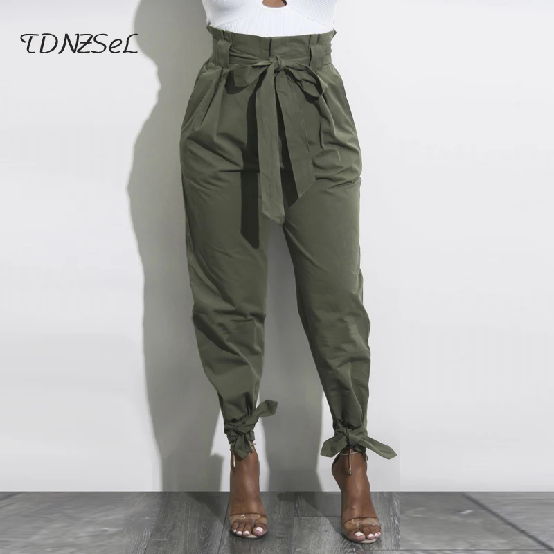 2018 Women Casual Loose High Tie Waist Pencil Pants Sexy Slim Bow Lace Up Long Legging Pant Solid Vintage Bandage Fashion Sashes | Женская