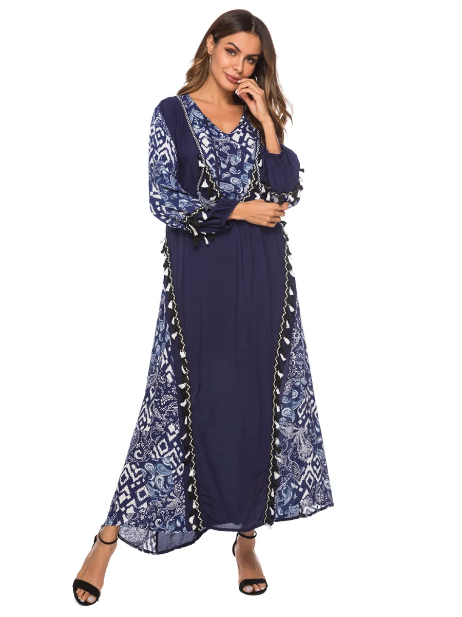 2019 Винтаж с рисунком из кусков женское мусульманское платье длинным рукавом