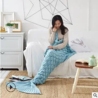 180CM sky blue Рождественские подарки пледы Русалочий хвост рыбья чешуя вязанные забавные спальные мешки два размера пляжное одеяло LZ915 - Цвет: 180CM sky blue