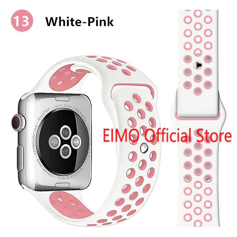 white light pink 13 Ремешок для Apple Watch, 44 мм, 40 мм, 42 мм, 38 мм, iwatch series 5, 4, 3, 2, 1, спортивный силиконовый браслет, ремешок для часов, аксессуары для часов - Цвет ремешка: white light pink 13